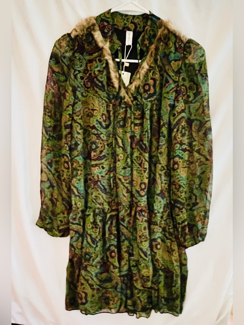 Boho Paisley Long Sleeve Blouse V-Neck Top Faux Fur Trim Multicolor